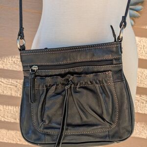 Fossil Black Leather Crossbody Bag with Tan Stitching
